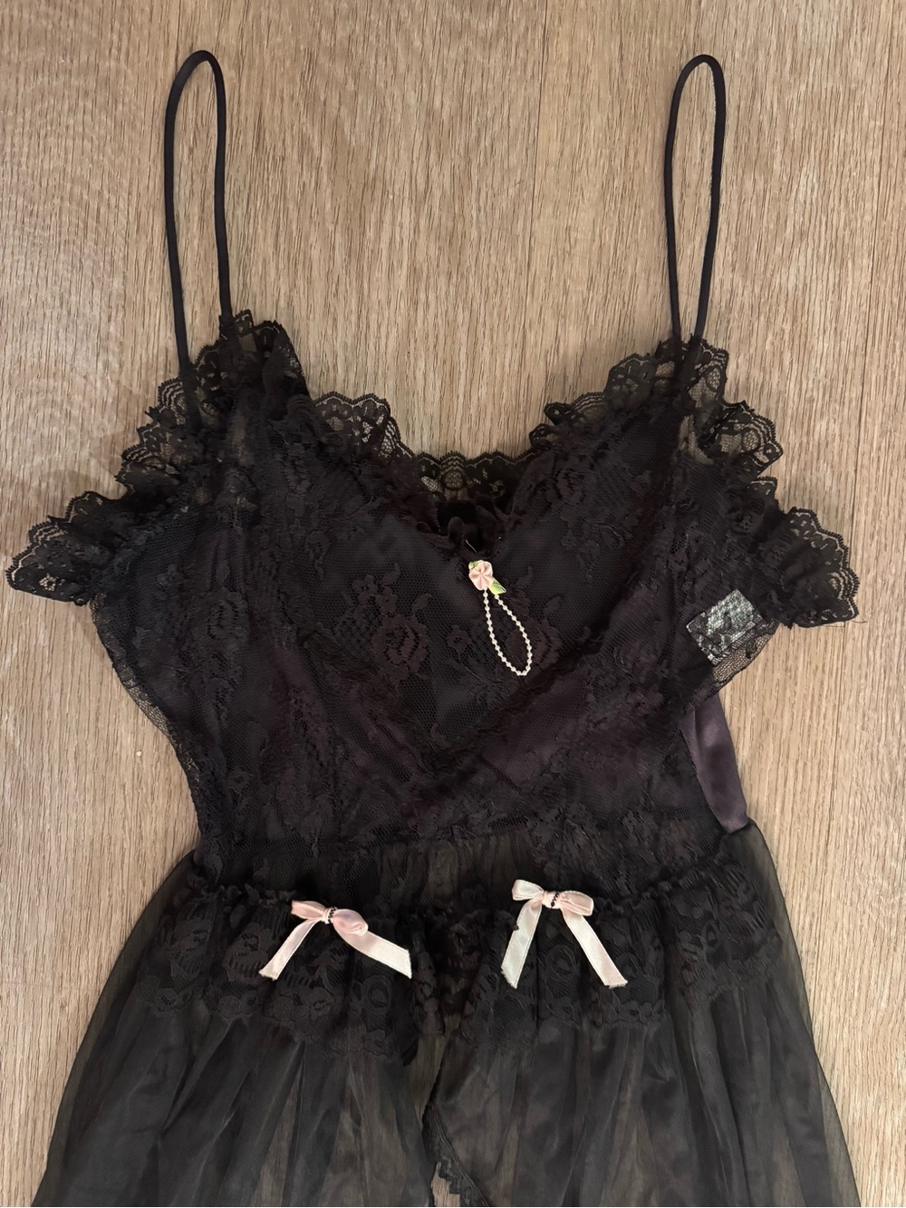 Vintage Black Lace & Pink Ribbons Sexy Lingerie by Nan Flower